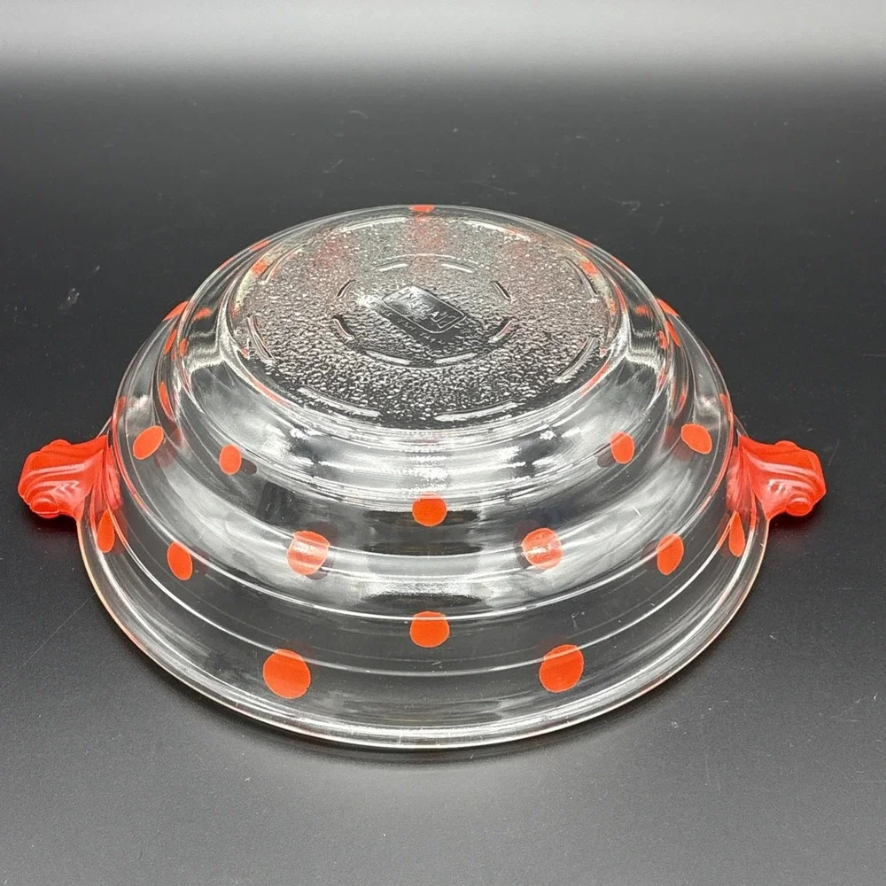 Vintage 1920s Glasbake Red Polka Dot Bowl Tab Handles Textured Bottom #55